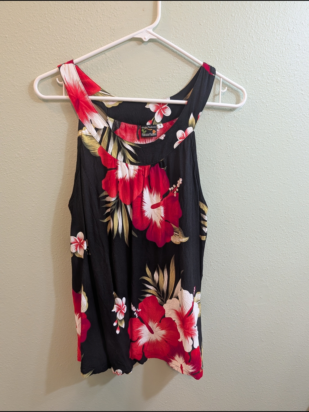 Tropical Black Tank Top with Red Floral Print